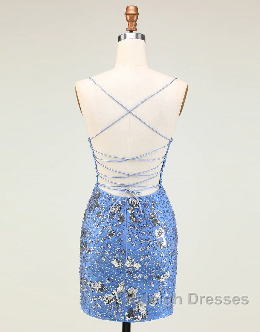 Glitter Blue Spaghetti Straps Beaded Sequins Short Tight Homecoming Dresses