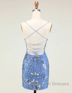 Glitter Blue Spaghetti Straps Beaded Sequins Short Tight Homecoming Dress