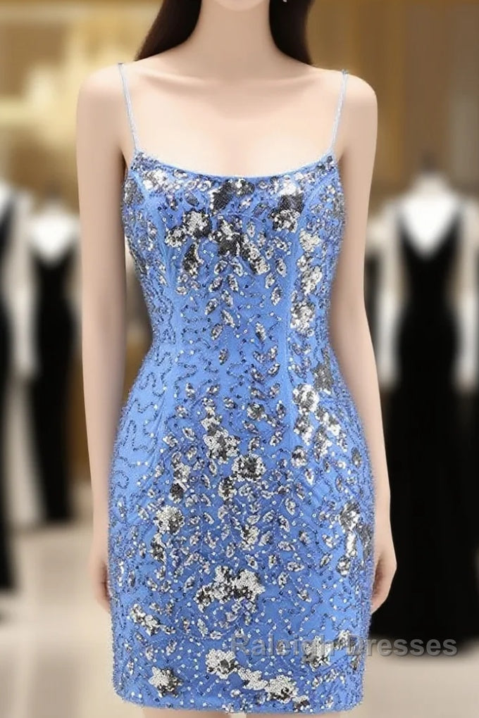 Glitter Blue Spaghetti Straps Beaded Sequins Short Tight Homecoming Dresses Main image