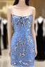 Glitter Blue Spaghetti Straps Beaded Sequins Short Tight Homecoming Dress