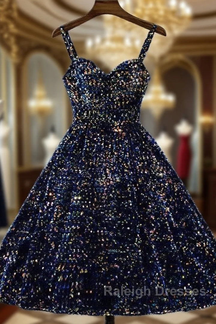Glitter Navy Blue Sequin Short Prom Dresses Main image