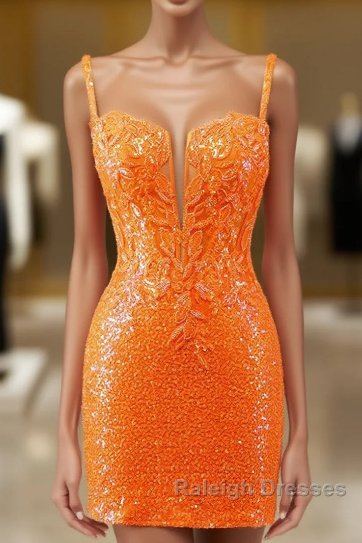 Glitter Orange Spaghetti Straps Orange Tight Sequined Homecoming Dress Main image