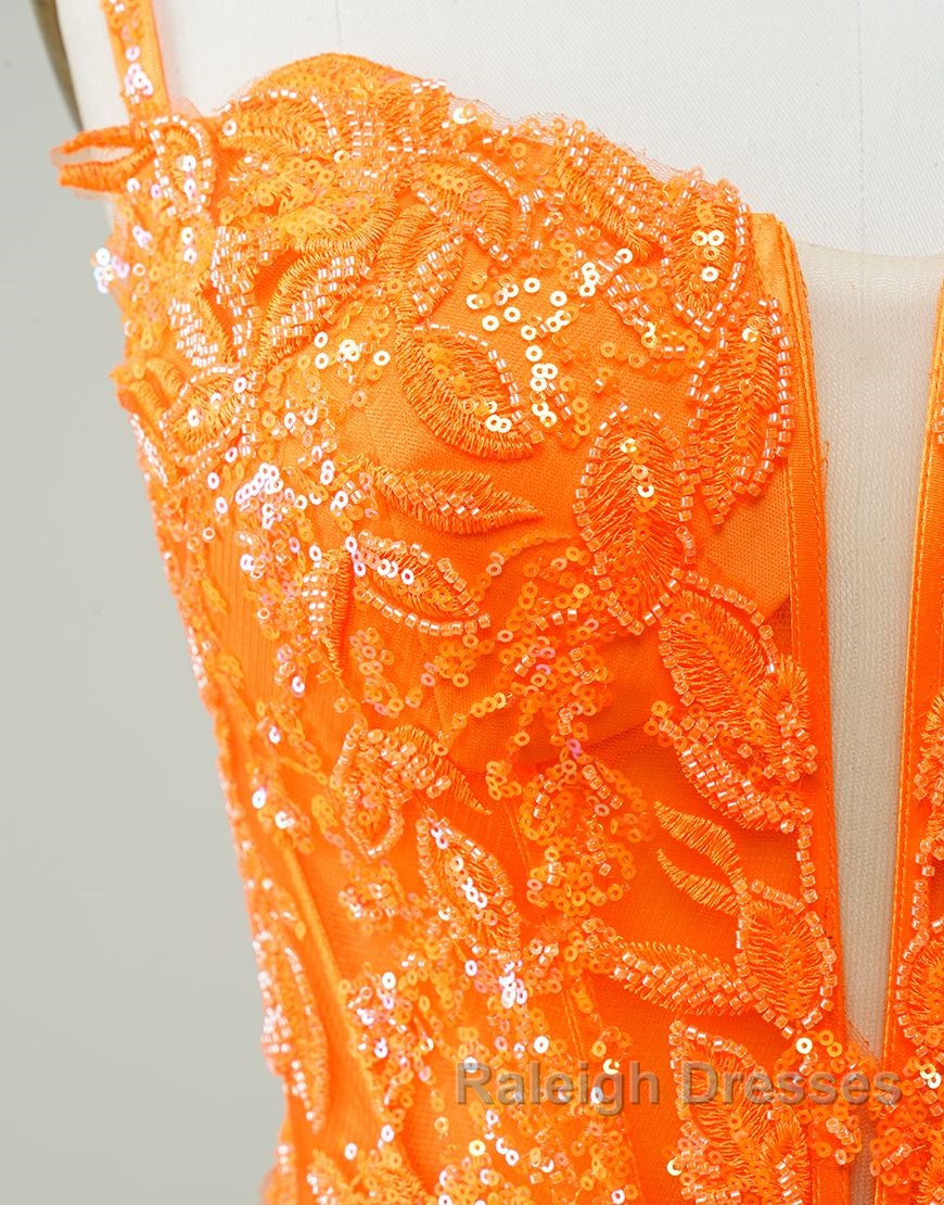 Glitter Orange Spaghetti Straps Orange Tight Sequined Homecoming Dress