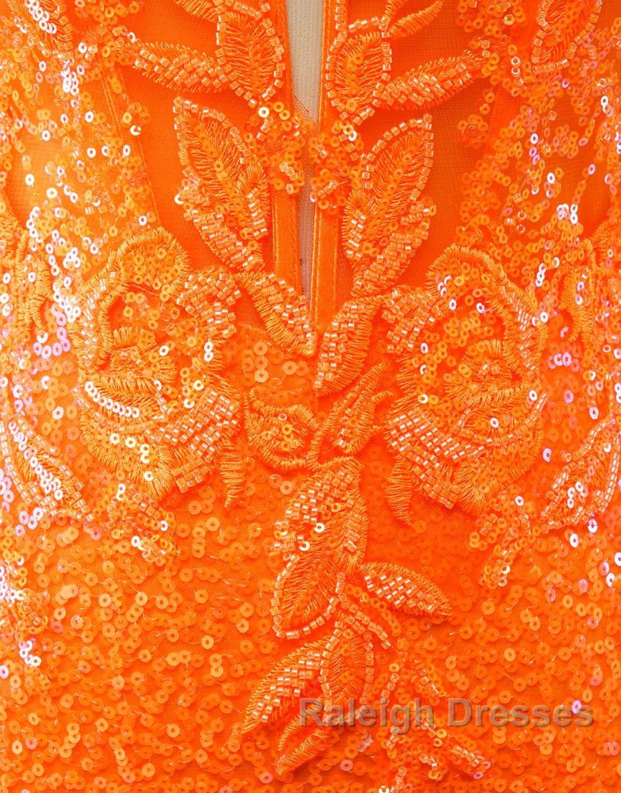 Glitter Orange Spaghetti Straps Orange Tight Sequined Homecoming Dress