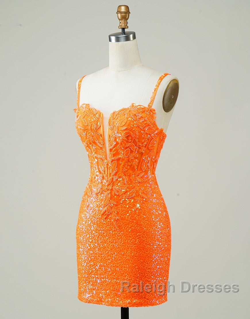 Glitter Orange Spaghetti Straps Orange Tight Sequined Homecoming Dress Secondary image