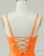 Glitter Orange Spaghetti Straps Orange Tight Sequined Homecoming Dress