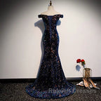 Glitter navy Sequins Off Shoulders Tight Fit Prom Dresses