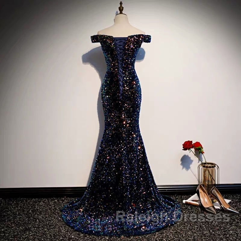Glitter navy Sequins Off Shoulders Tight Fit Prom Dresses