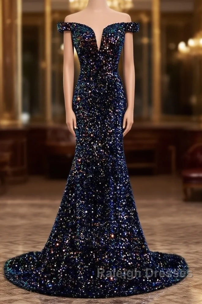 Glitter navy Sequins Off Shoulders Tight Fit Formal Prom Dress