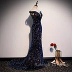 Glitter navy Sequins Off Shoulders Tight Fit Prom Dresses