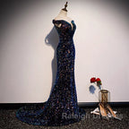 Glitter navy Sequins Off Shoulders Tight Fit Formal Prom Dress