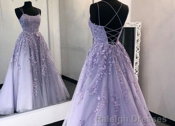 Lilac Lace Applique Back Open with Train Bridal Party Dresses