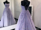 Lilac Lace Applique Back Open with Train Bridal Prom Dresses