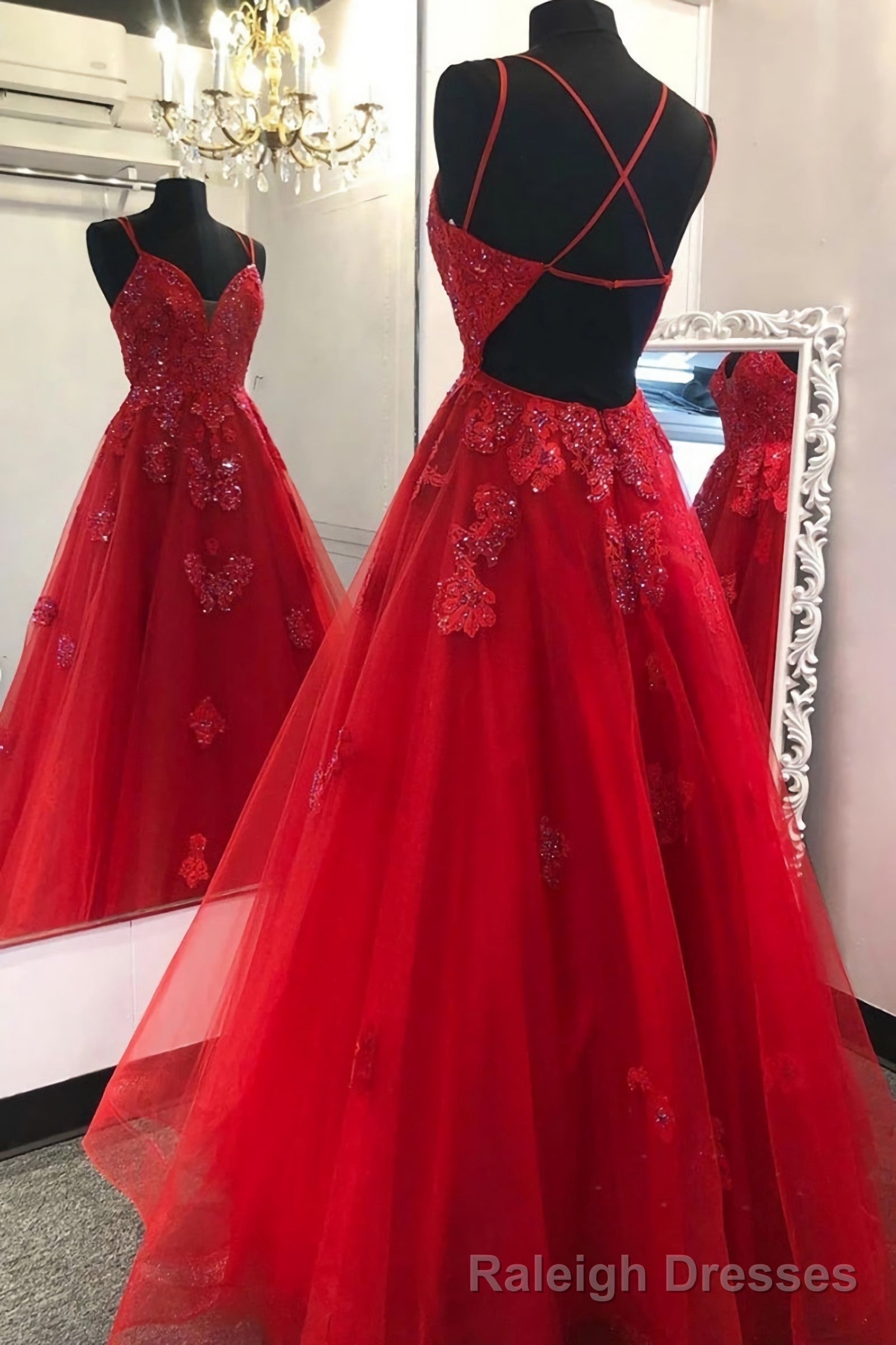 Gorgeous V Neck Backless Red Lace Prom Dress 2026 Backless Red Lace Formal Dresses Red Ball Gowns