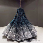 Glitter High Neck Open Back Lace Up Ball Gown Prom Dresses