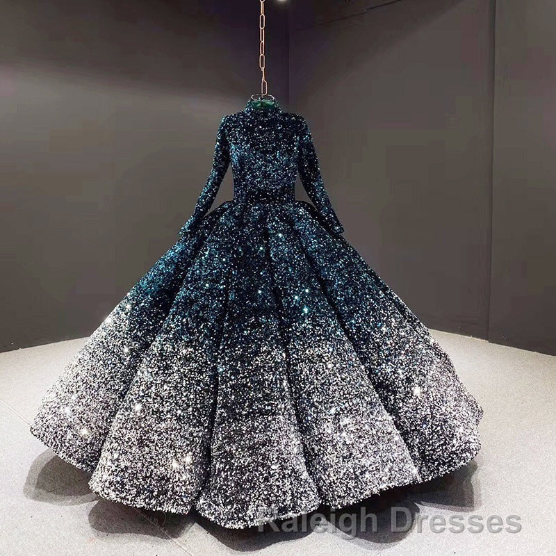 Glitter High Neck Open Back Lace Up Ball Gown Prom Dresses