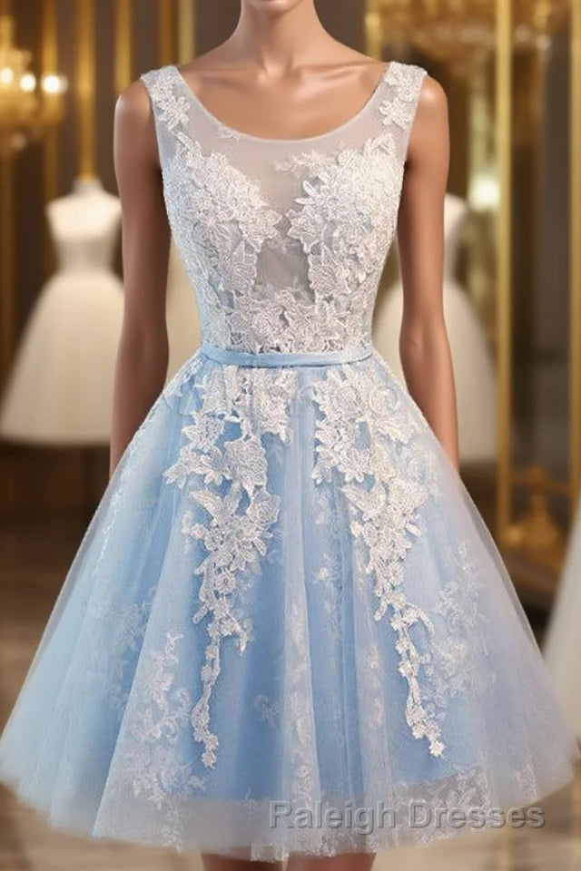 Light Blue Tulle Lace Applique Short Homecoming Dresses with Straps