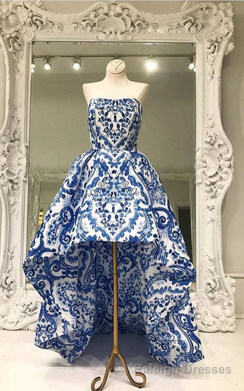 Ivory Blue Floral Print Strapless A Line Long Prom Dress Main image