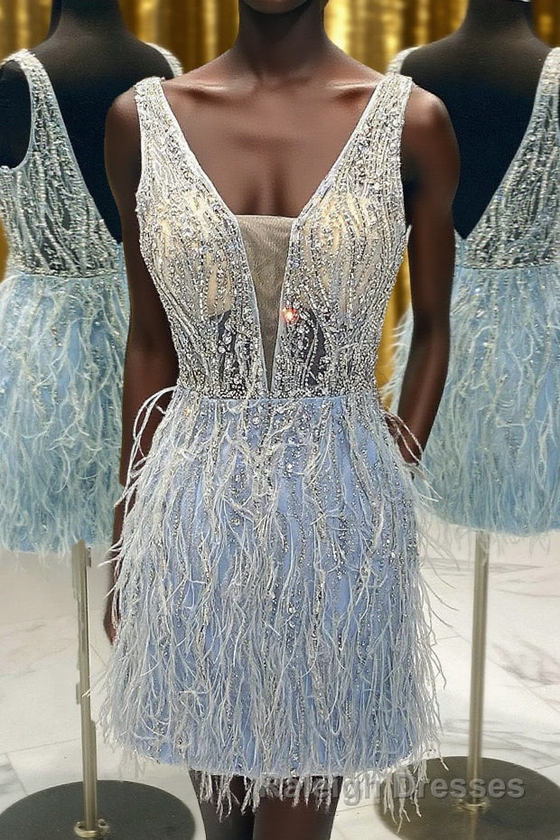 Light Blue Beaded Sequins Tight Homecoming Dress with Feathers Main image