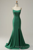 Mermaid Spaghettti Straps Dark Green Sequins Prom Dresses Long with Split Front