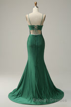 Mermaid Spaghettti Straps Dark Green Sequins Prom Dresses Long with Split Front