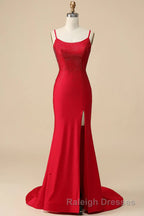 Mermaid Spaghettti Straps Dark Green Sequins Long Prom Dress with Split Front