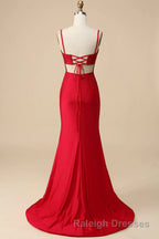 Mermaid Spaghettti Straps Dark Green Sequins Prom Dresses Long with Split Front