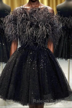 Black A-Line Strapless Homecoming Dress with Feathers
