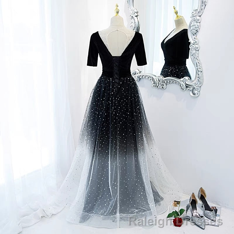 Half Sleeves Gradient Black Prom Dress Secondary image