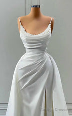 Beautiful White Long A-line Spaghetti Straps Wedding Dresses With Beads