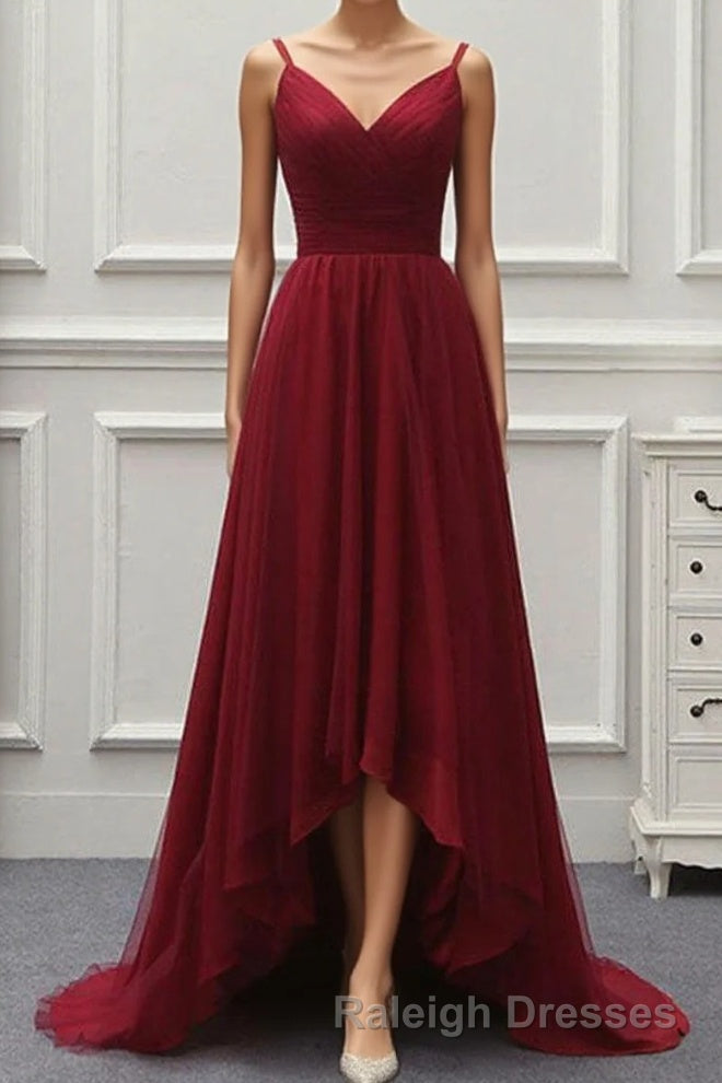 A Line High Low Tulle Prom Dress with Train, Burgundy V Neck Backless Formal Dress