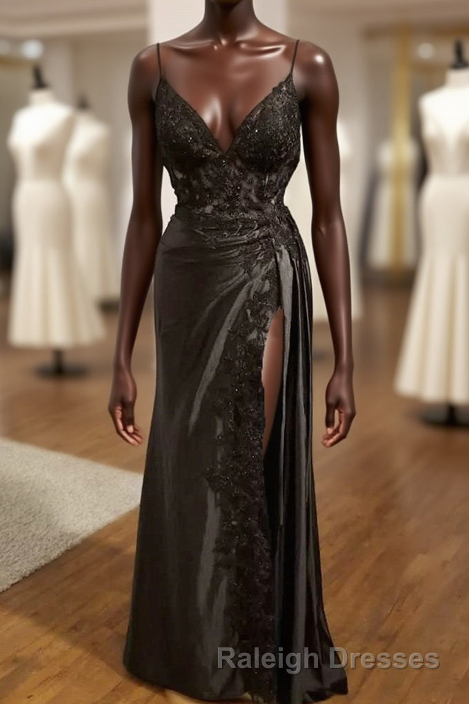 Black V Neckline Straps Tulle With Lace Prom Dresses A Line Black Prom Dresseses Main image
