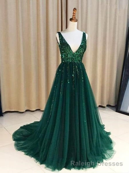 Hunter Green V-neck Long Formal Tulle Low Back Prom Dress Main image