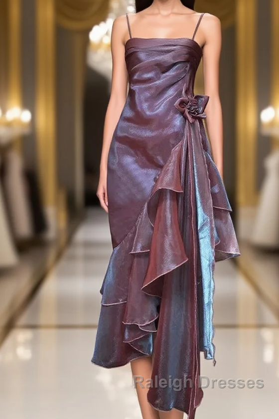 Spaghetti Straps Purple Mermaid Vintage Ruffled Prom Dress