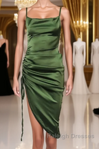 New Satin Green Prom Dress Spaghetti Strap Party Evening Dress