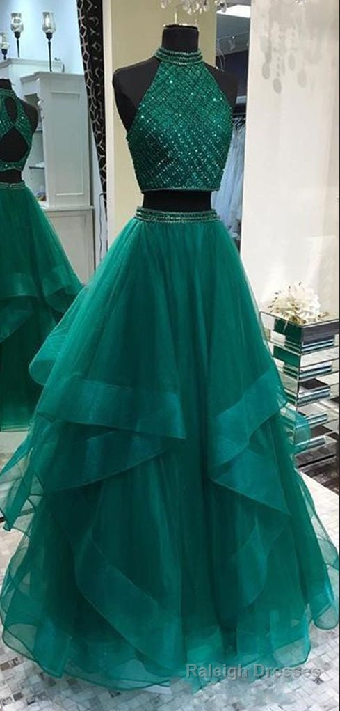 Two Piece Long Hunter Green Prom Dress with Delicate Beading Top