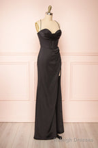 Black Prom Dresses, Corset Cowl Neck Maxi Dress, Black Bridesmaid Dress