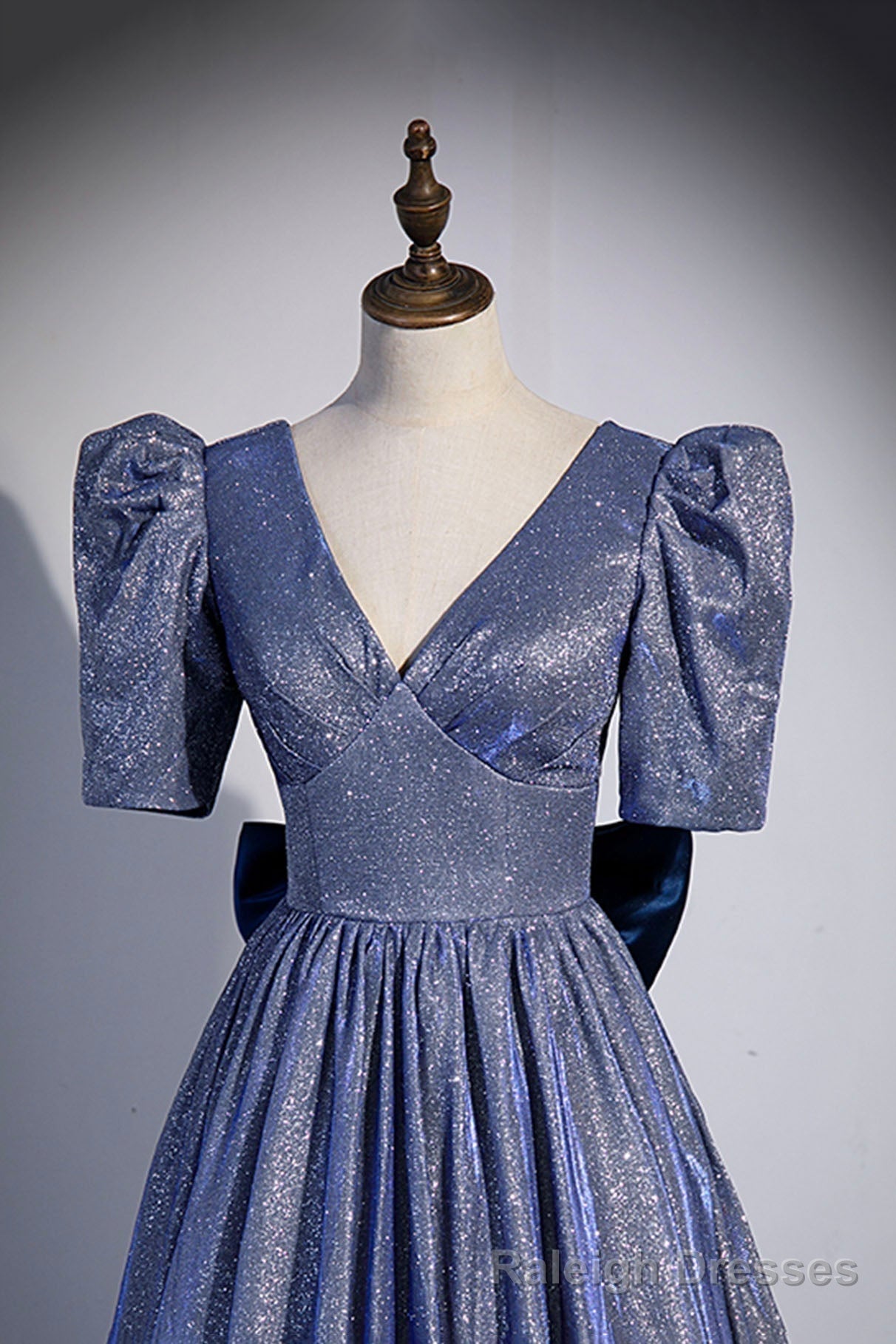 Blue Long A Line Prom Dress, Simple V Neck Short Sleeve Prom Dress