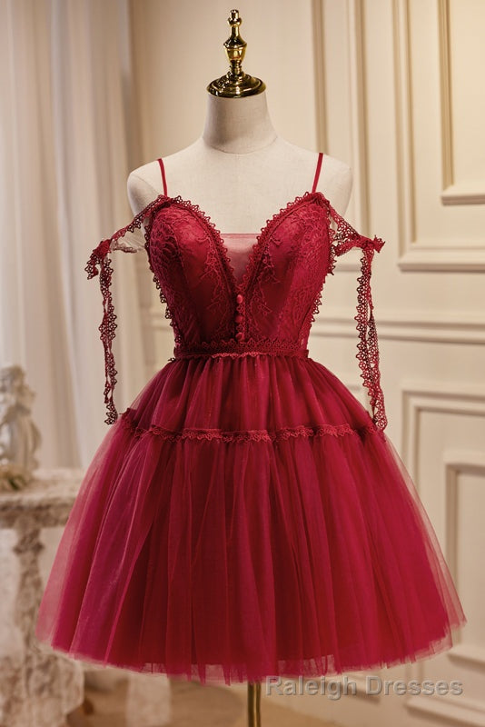 Burgundy Spaghetti Straps V Neck A Line Tulle Short Homecoming Dresses Main image