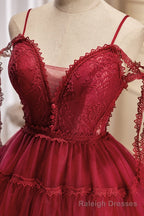 Burgundy Spaghetti Straps V Neck A Line Tulle Short Homecoming Dresses