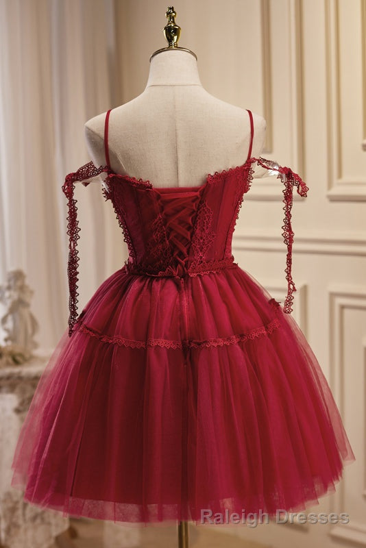 Burgundy Spaghetti Straps V Neck A Line Tulle Short Homecoming Dresses