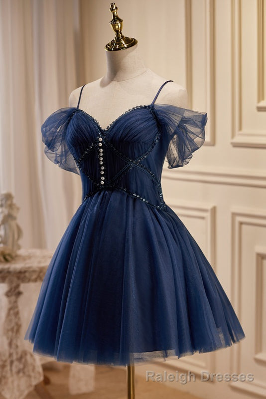 Dark Navy Spaghetti Straps V Neck Tulle Short Homecoming Dresses Secondary image