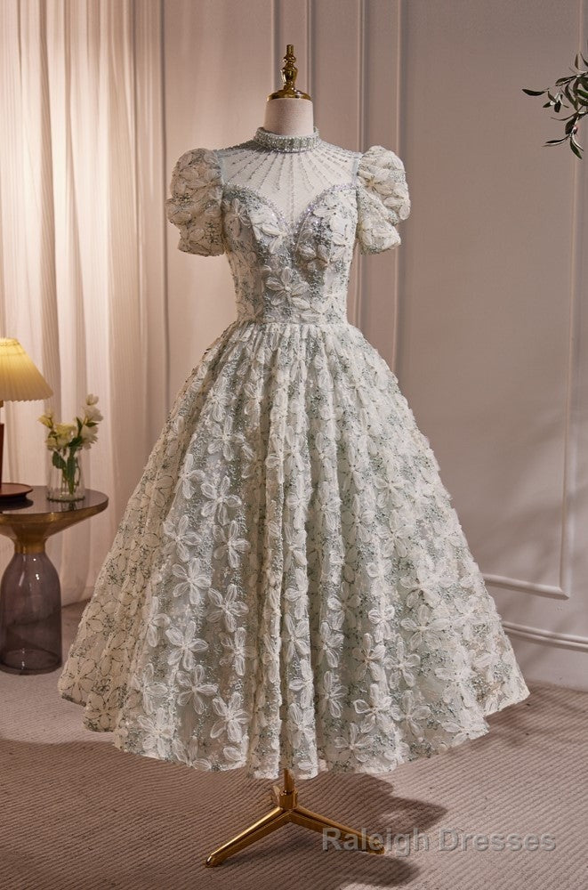 Gorgeous Short Sleeves Prom Dress with Beads and Floral Appliques Secondary image