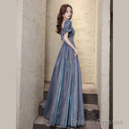 Short-Sleeve Glitter A-Line Evening Gown