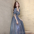 Short-Sleeve Glitter A-Line Evening Gown