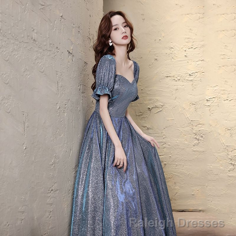 Short-Sleeve Glitter A-Line Evening Gown