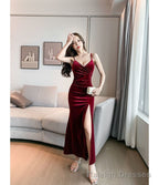 Spaghetti-Strap Plain Velvet Side Slit Prom Gowns