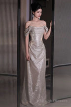 Short-Sleeve Off Shoulder Glitter A-Line Prom Dresses