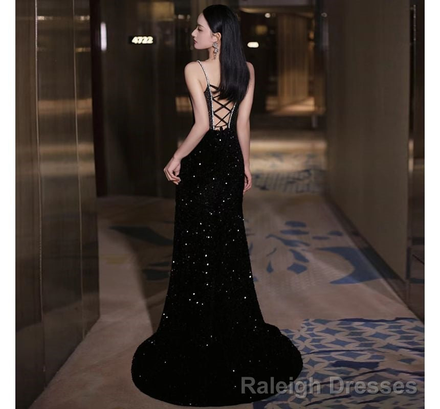 Spaghetti Strap Sweetheart Neckline Two Tone Rhinestone Accent Sequin Trained Open Back Mermaid Prom Gowns Secondary image