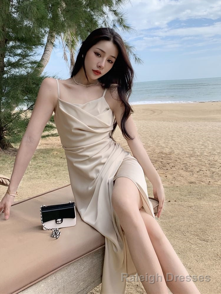 Champagne Spaghetti Strap Cowl Neck Plain Ruched Satin Slit Midi Sheath Dress Secondary image